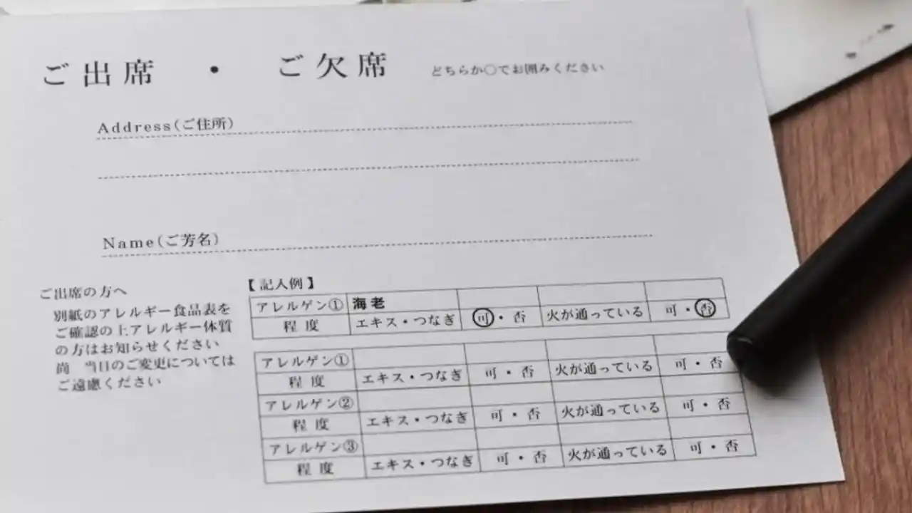 はがきサイズ 結婚式 返信はがき 印刷会社仕上げ 出欠 RSVP 招待状 アレルギー バス ウェディング その他ペーパーアイテム Weddingmomo-noha 通販 11845141Creema クリーマ