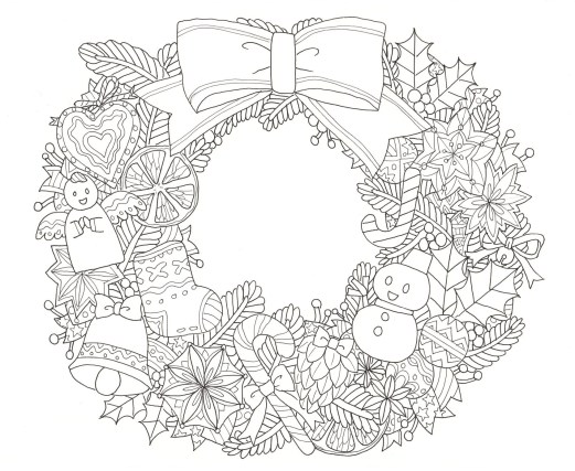 鹿とクリスマスリース、大人の塗り絵の手描きスケッチイラスト。Premiumベクトル素材