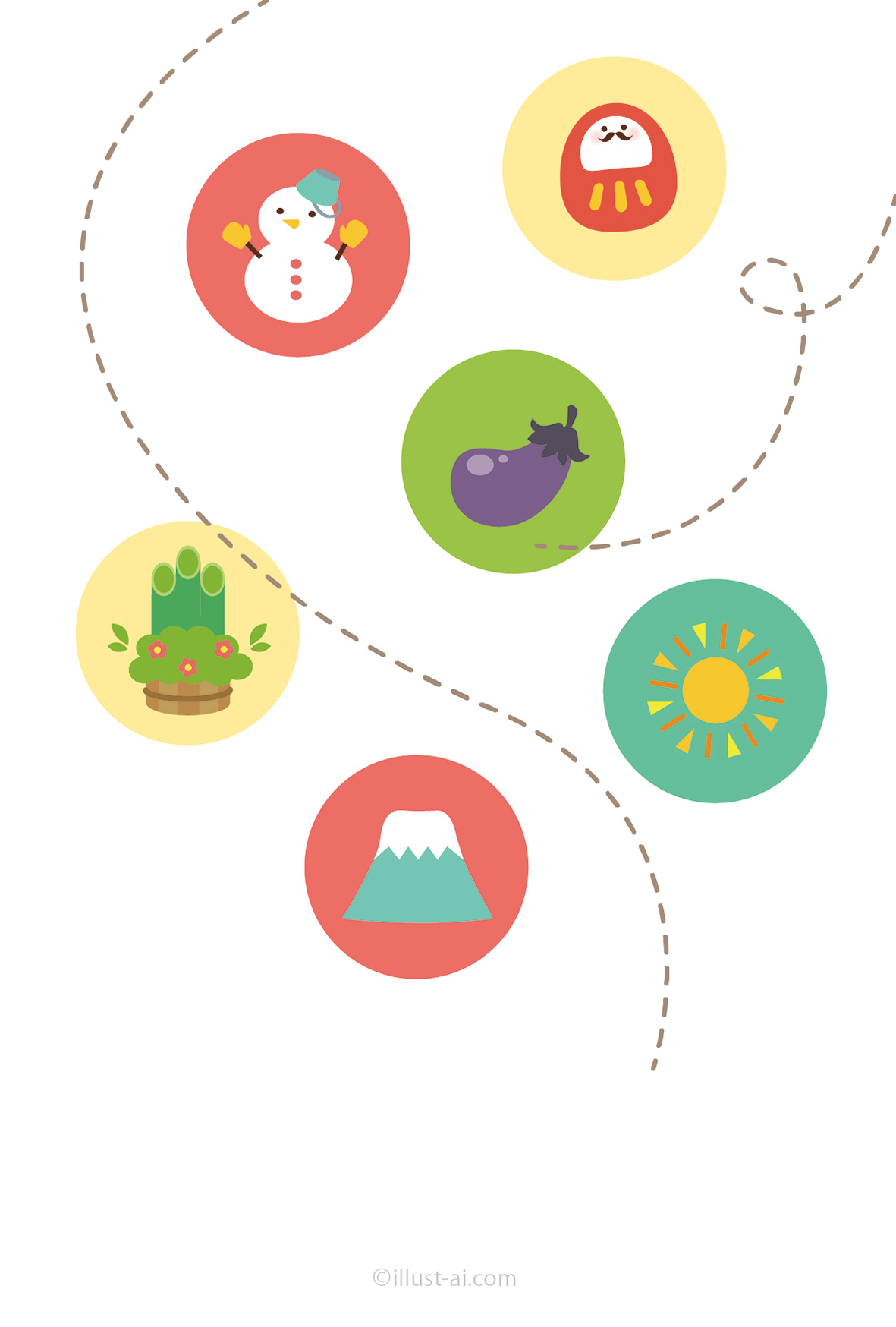 ２０２３年のかわいいお正月モチーフな挨拶文つき年賀状 横向き：イラスト無料