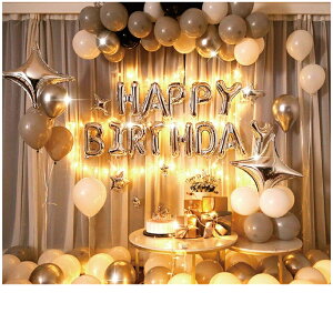 Amazon誕生日 バルーン 風船 バースデー 飾り付け セット 男の子 女の子 大人 ゴールドホワイト 誕生日 パーティー 飾り誕生日デコレーション セット スターライト灯串付き風船・バルーンおもちゃ