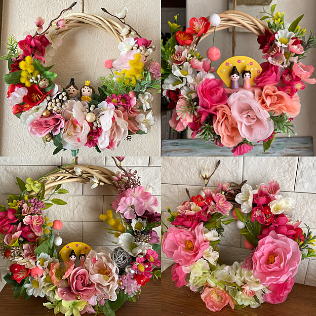 ひな祭りリース 和風リース ニットリース 毛糸玉リース 和風 和装婚 お正月100均造花