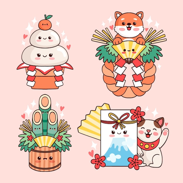 白蛇のまわりに色んなお正月 縁起物 かわいい2025 巳年イラスト無料 フリー91234素材Good