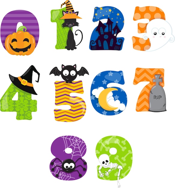 ハッピーハロウィン 1 数字 数値フォント 文字 漫画 不気味な紙 頭蓋骨 カボチャ コウモリ 蜘蛛Premiumベクトル素材