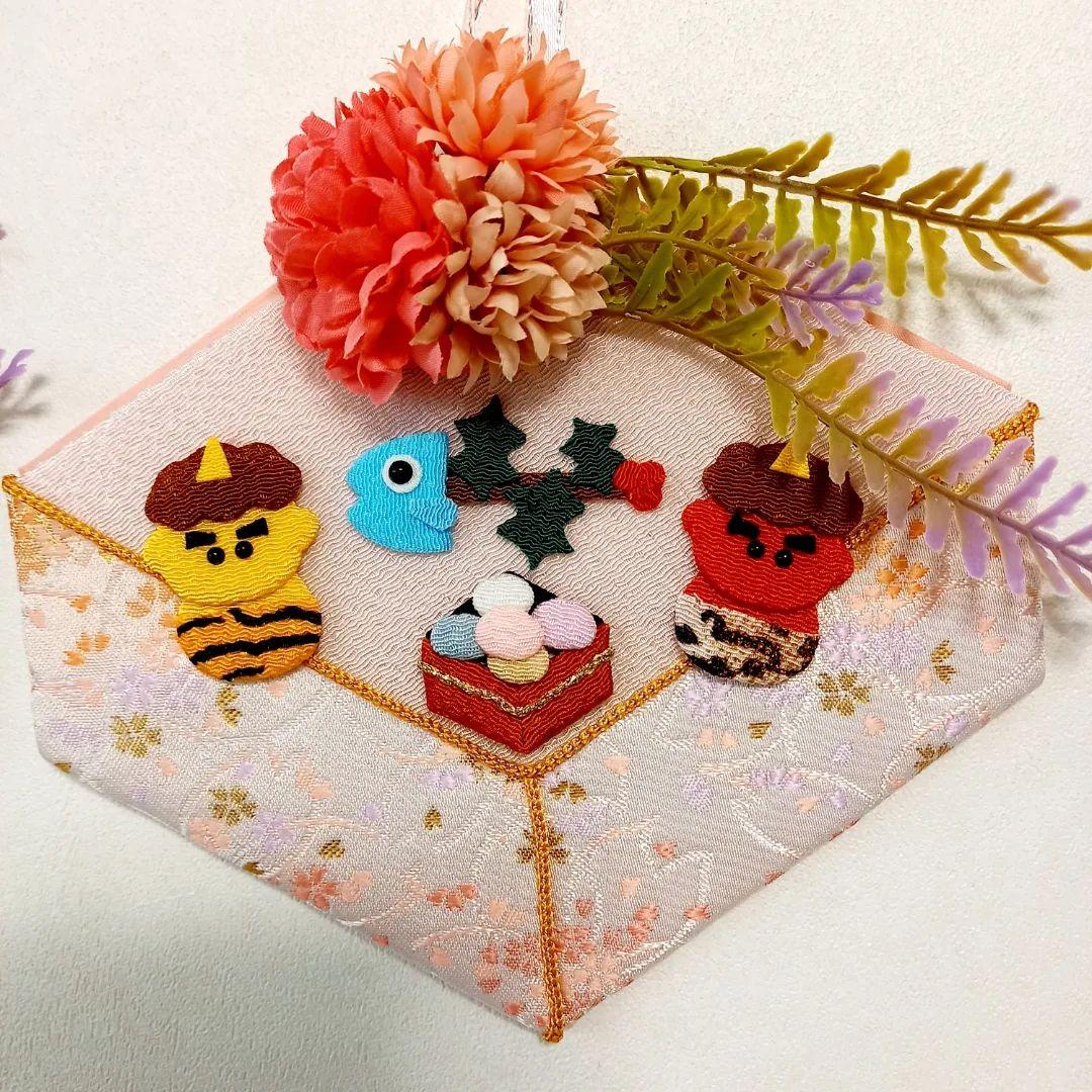 節分壁掛け置物おかめ鬼ちりめん細工ハンドメイド