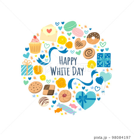 無料素材青いハートでデザインされたホワイトデーのタイトルイラスト。手描き感が可愛い雰囲気