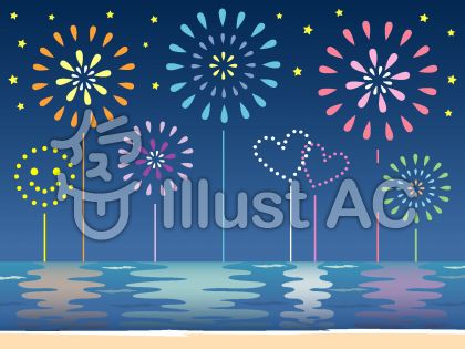 切り絵イラスト 夏の花火の空の下に池と藁葺き屋根