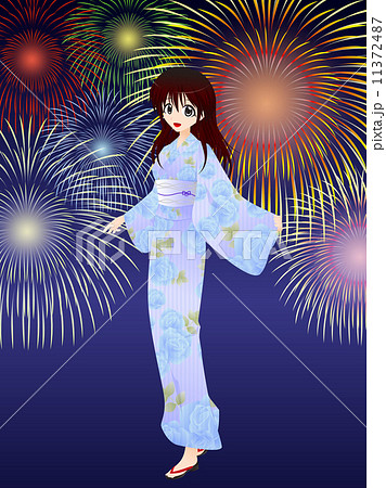 浴衣を着て花火を見る子供たち2の無料 フリー イラストかわいい手描きの無料素材「てがきっず」保育園・小学校・介護施設にぴったりのフリー素材イラスト