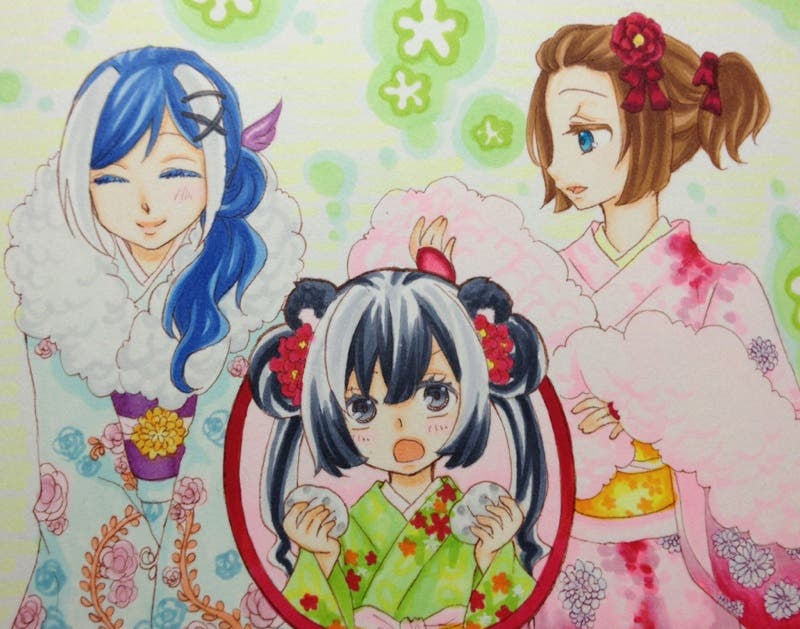 家族のお正月イラスト：お正月の初詣でお賽銭を納める着物姿の親子