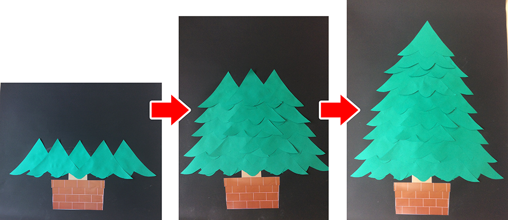 12月の壁面工作：手形でクリスマスツリー作り