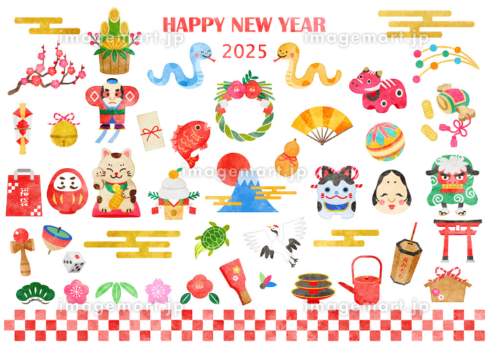 2025年賀状デザイン無料テンプレート「２０２５とかわいいヘビ」無料フリーイラスト素材集 Frame illust