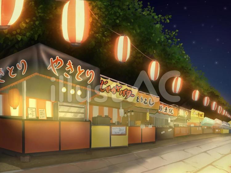 シンプルイラスト無料夏祭り 町並み 花火 青色 背景イラストダウンロード