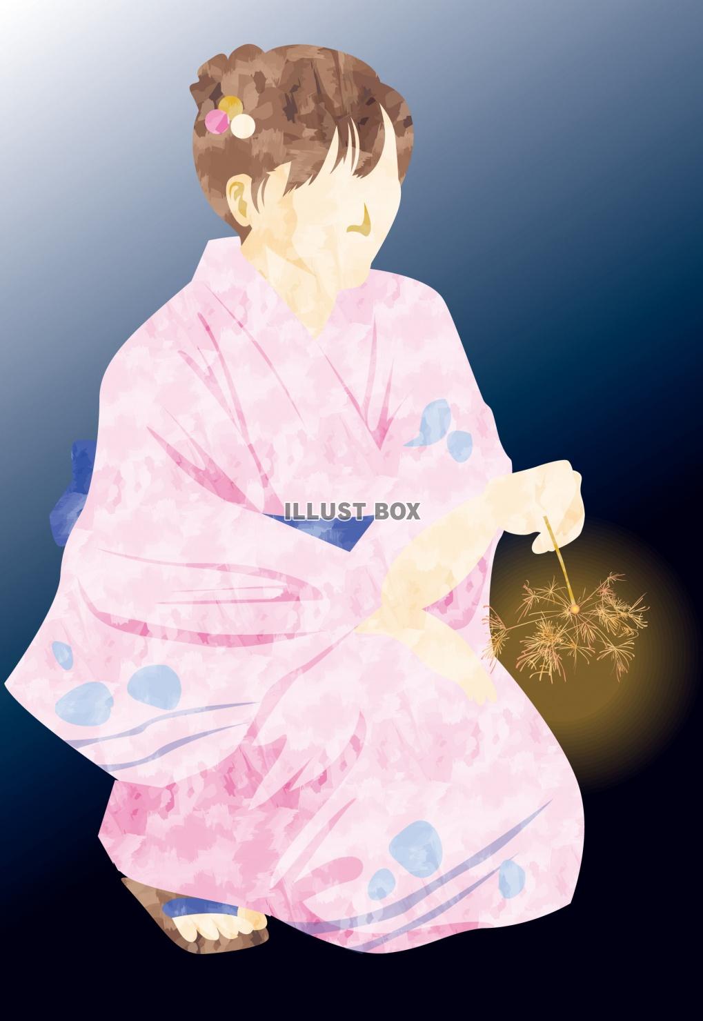 夏祭りの街で夜空に打ち上がる花火を眺める浴衣姿の子供背景イラスト無料フリー32547素材Good