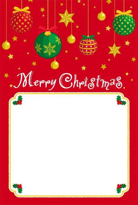 クリスマスツリーと鐘とプレゼントとブーツのデザインの縦型のフレーム素材、ポスターやメッセージカードに最適無料テンプレートTemplateBox