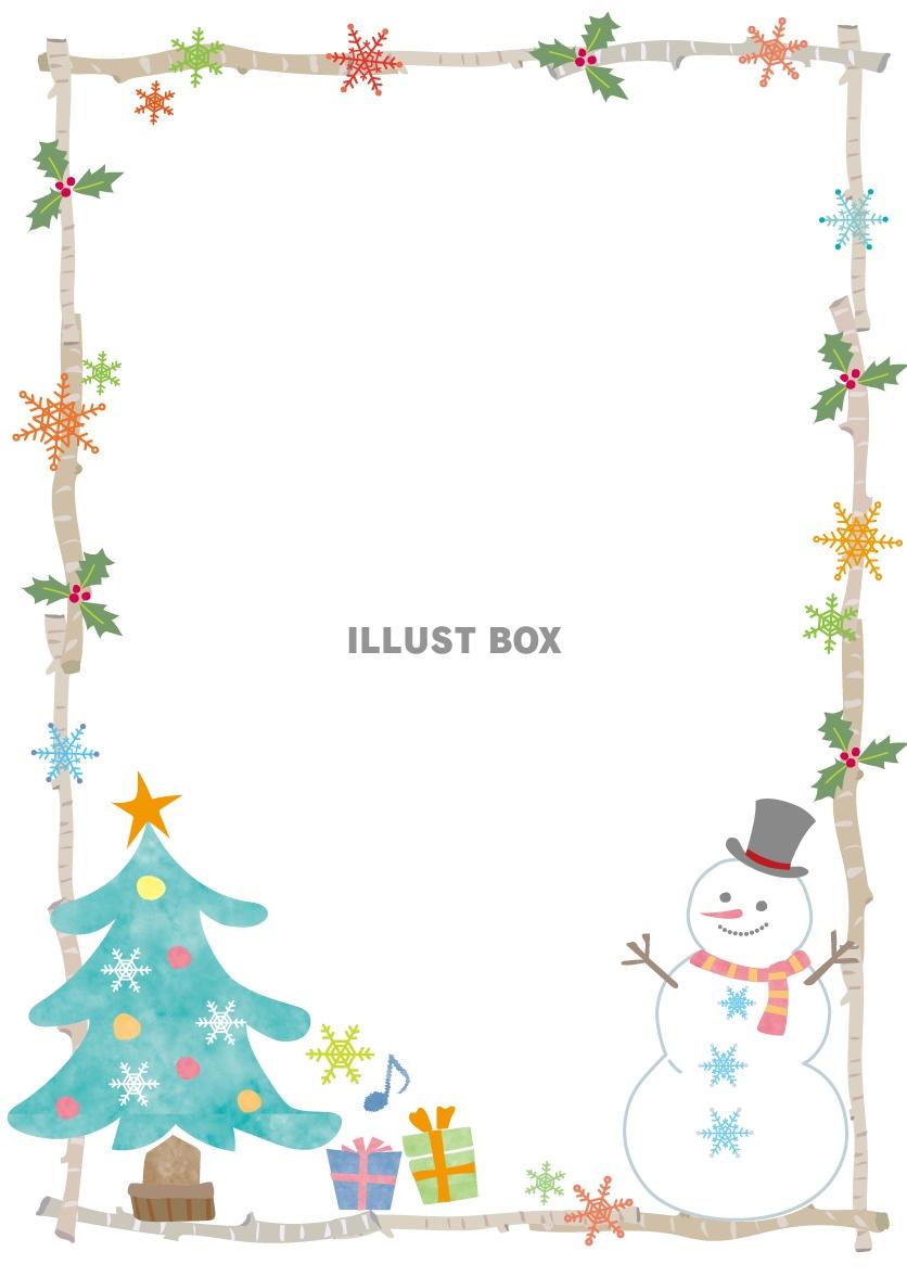クリスマスリースのデザインの縦型のフレーム素材：イラスト無料