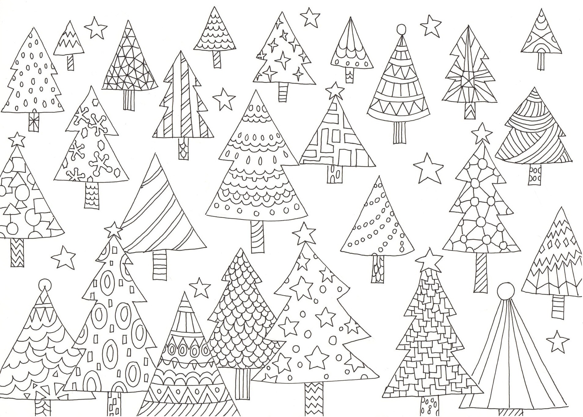 楽しい模様のクリスマスツリーの塗り絵です。ぬりえラボ