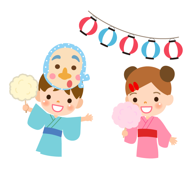 夏祭りの街で夜空に打ち上がる花火を眺める浴衣姿の子供背景イラスト無料フリー32547素材Good