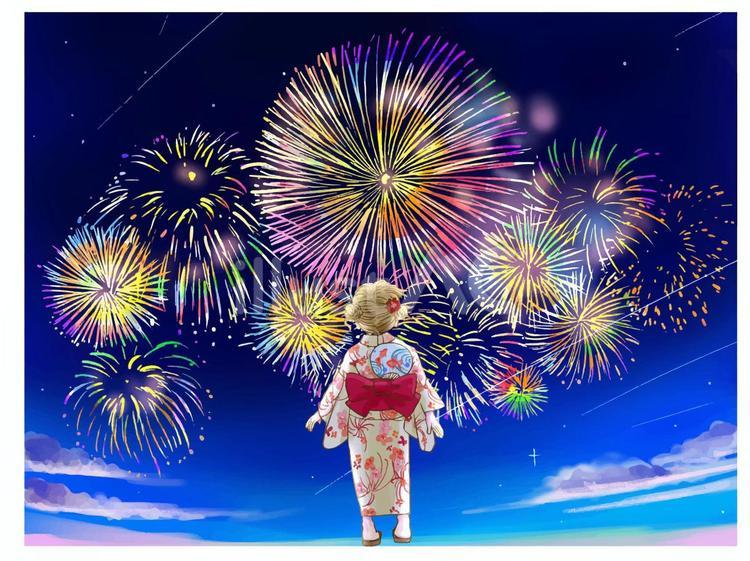 花火と浴衣姿の女の子のイラスト素材11372487- PIXTA