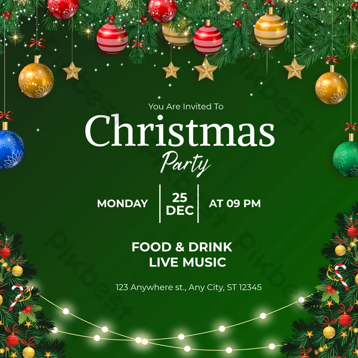 クリスマス パーティーの緑の招待状 テンプレート素材、商用著作権の画像 - Lovepik
