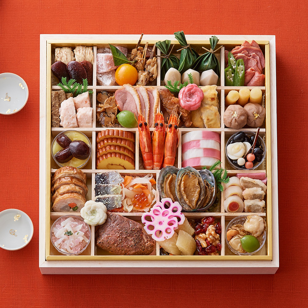 金色のお重のおせち料理のイラストのおせち予約のポスターの無料チラシテンプレート 17151 - デザインAC