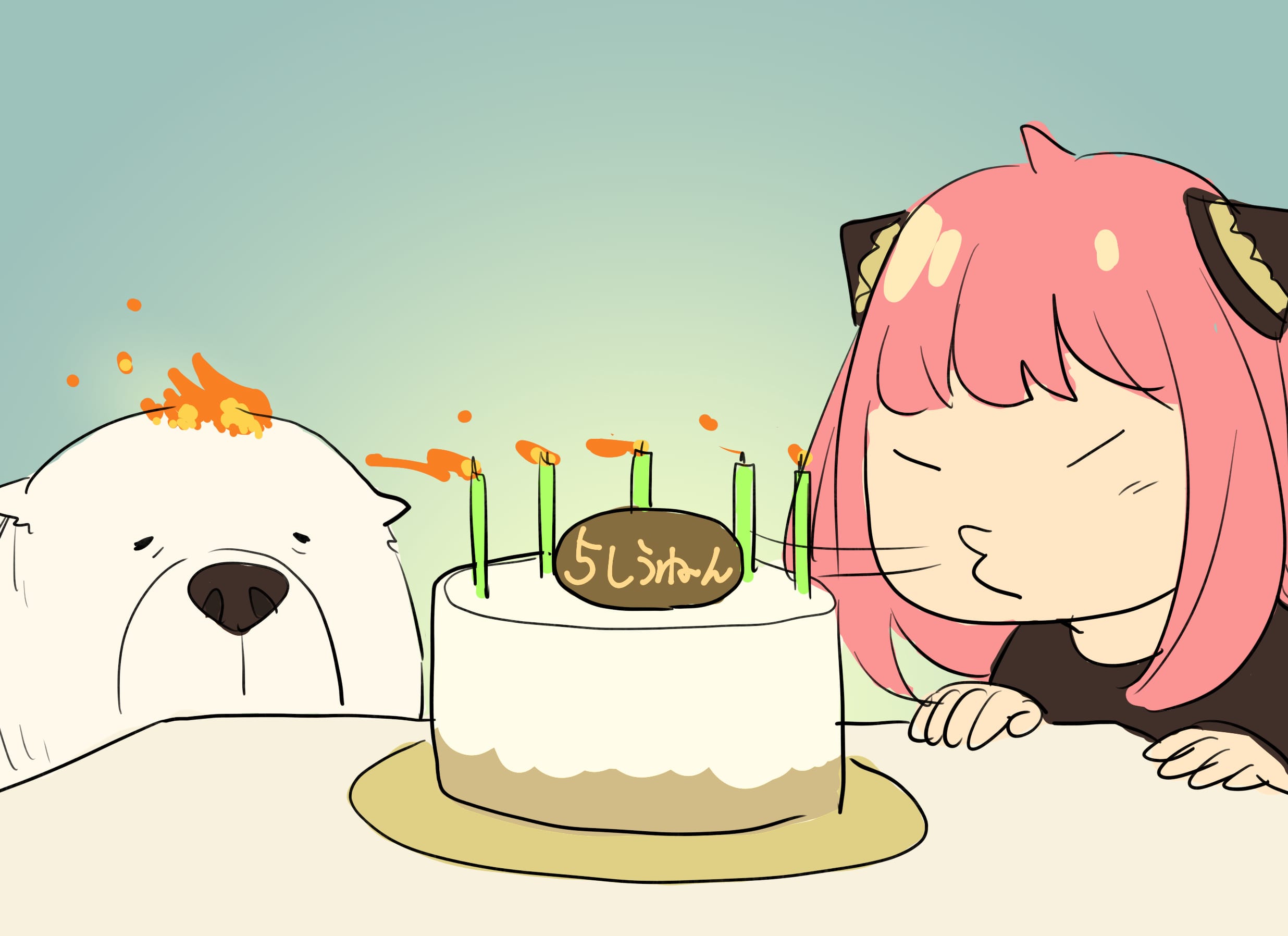 Megumi昨年9月に作った以来のキャラケーキ🎂 リクエスト👦🏻はスパイファミリー のアーニャ 手が震えて線がガタガタに😂まだ暖かいからましだけど、寒かったら 無理だったかも😂 5歳の時から毎年作ってお祝いしてきている子に プレゼント🎁 今年で7年目なんて、早