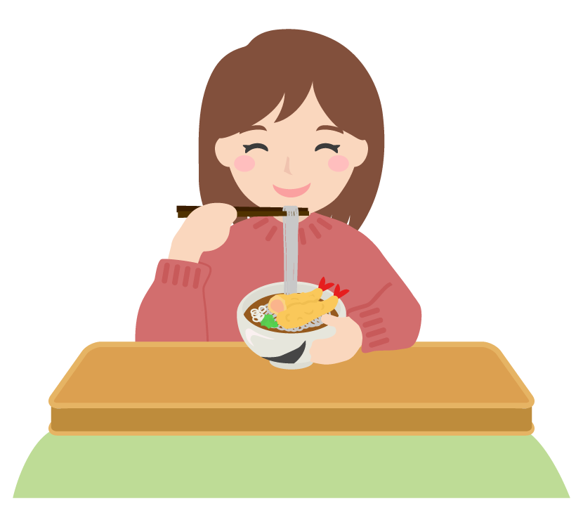 年越しそばを食べている白いうさぎの無料 フリー イラストかわいい手描きの無料素材「てがきっず」保育園・小学校・介護施設にぴったりのフリー素材 イラスト