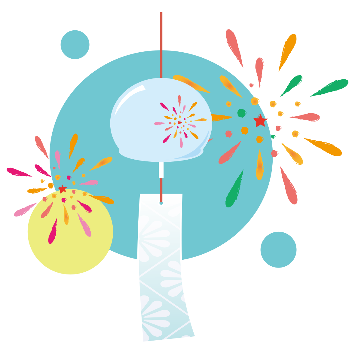 花火と提灯の夏祭りはがきタテ：イラスト無料