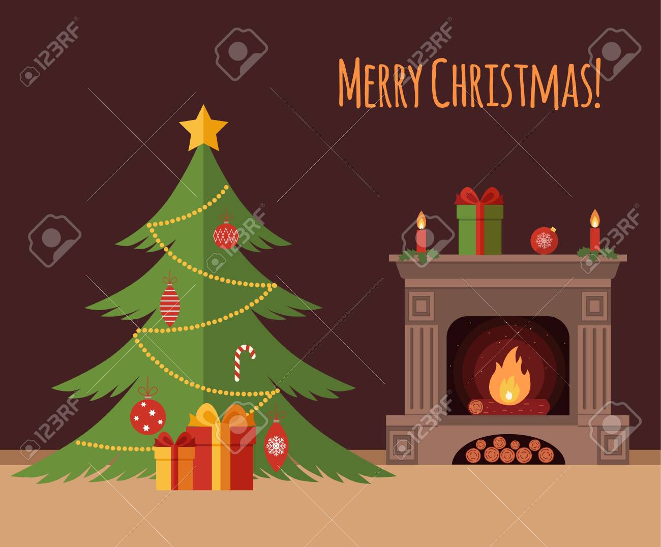 クリスマスツリーと暖炉のある部屋でクリスマスパーティー 02237013830 の写真・イラスト素材アマナイメージズ