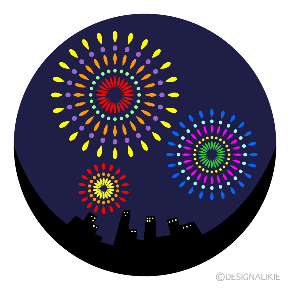 花火イラスト 夏の夜、花火と湖に浮かぶ遊覧船