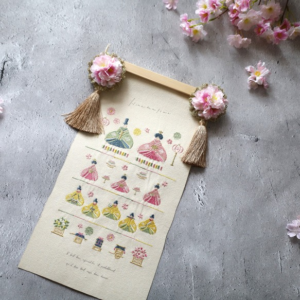 手染め京友禅和紙タペストリー お雛様 桃の花 壁飾り 新品 手作り ハンドメイド 雛人形