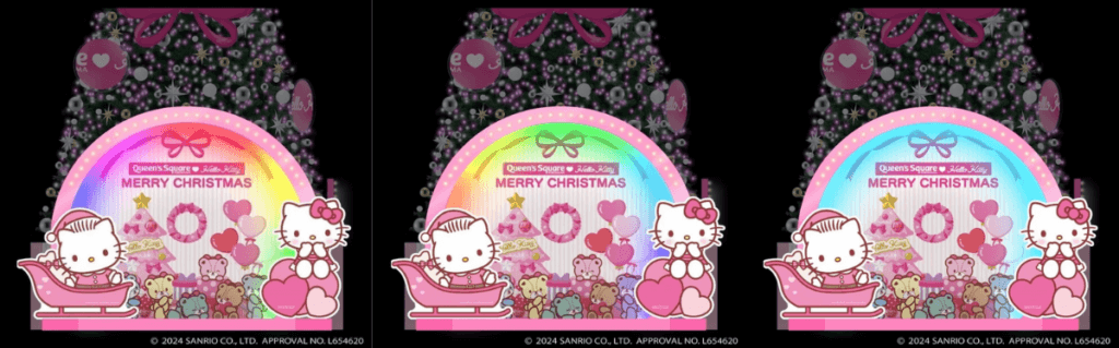 Hello Kitty Happy Christmas クイーンズスクエア横浜クリスマス2024 キティダニのクリスマスツリー裏側にはイチャイチャしてるキティダニハローキティハローキティ50周年hellokitty50thディアダニエルみなとみらい