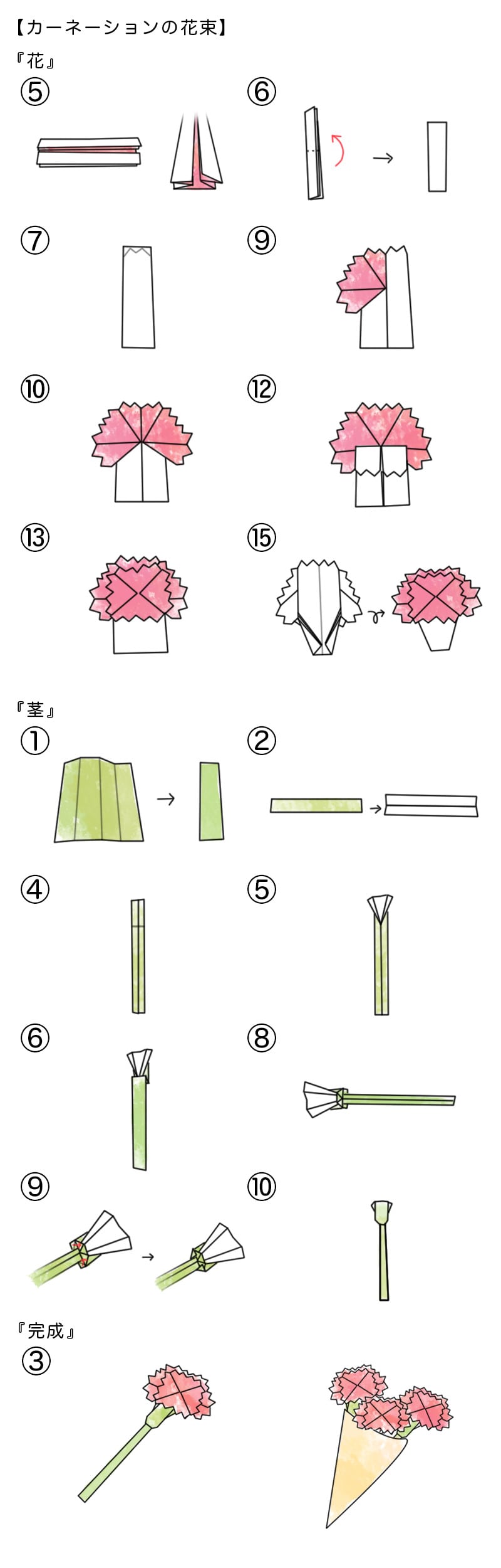 簡単なカーネーションと花束の作り方－１: 薔薇と折り紙の日々