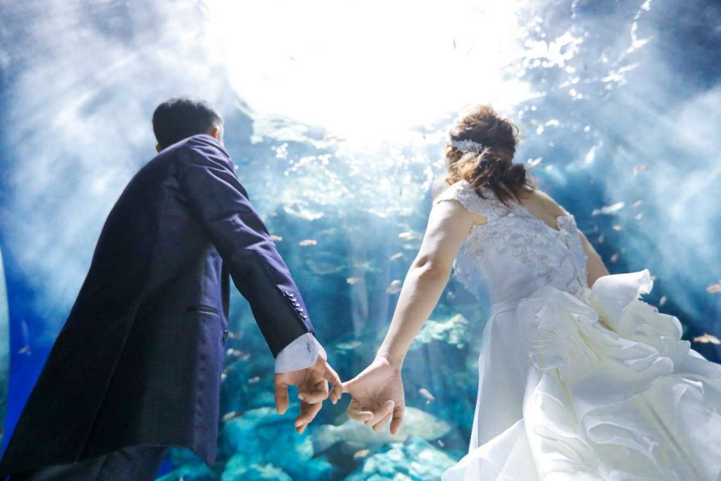 福岡の水族館マリンワールドでフォトウェディングリトルマーメイド気分で結婚式の前撮りを